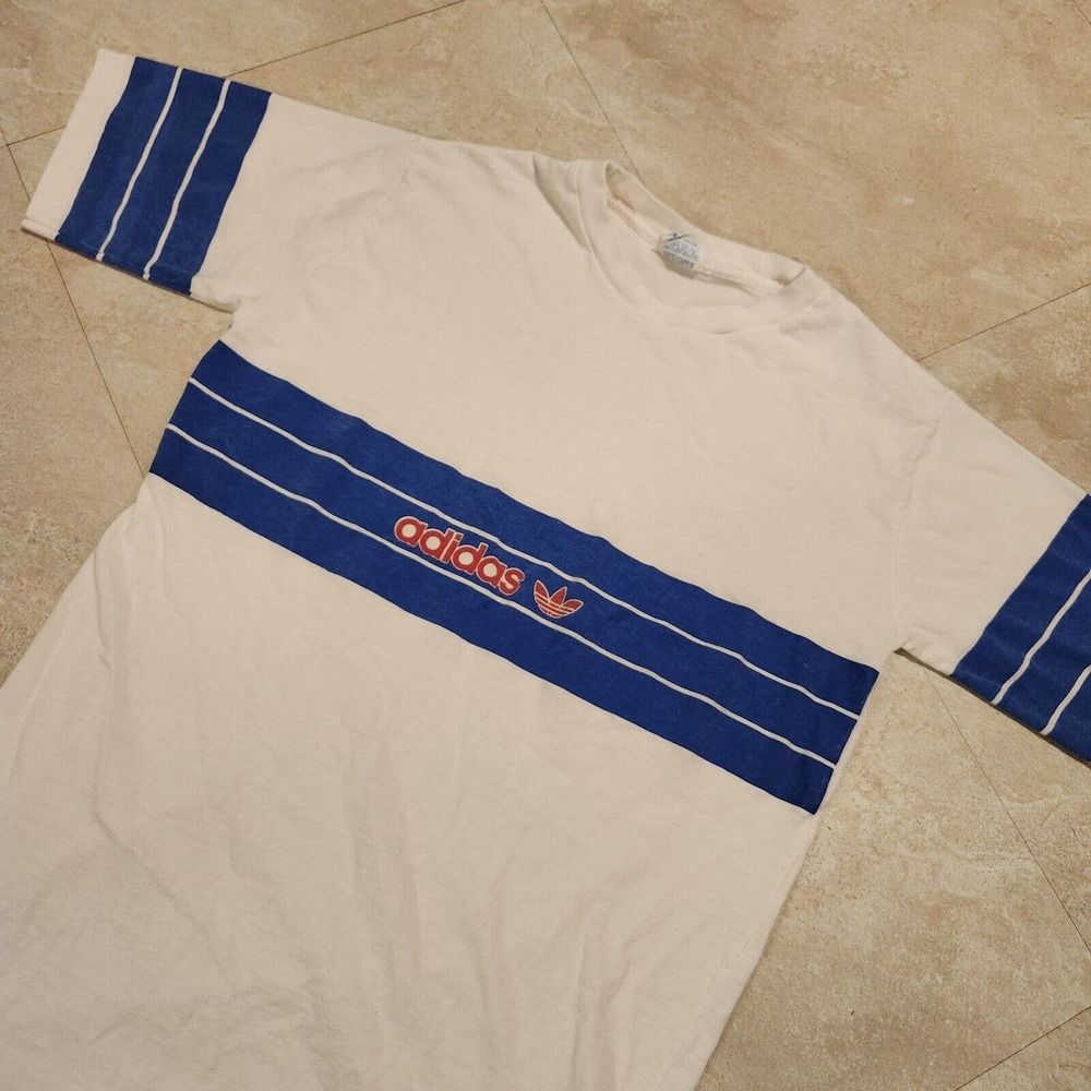 VTG 80s Adidas 3 Stripes Trefoil Single‎ Stitch T Shirt Mens M Medium USA Made